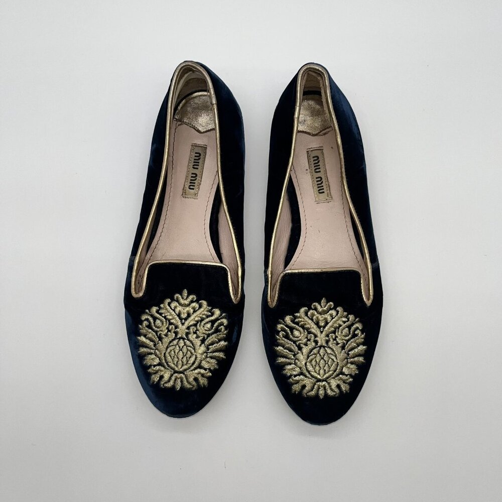 Miu Miu Black and Gold Embroidered Loafers